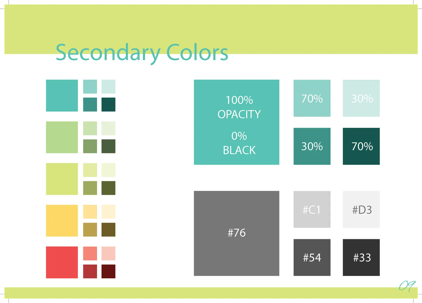Secret Senses secondary colors — tonal scale and opacity grid.
